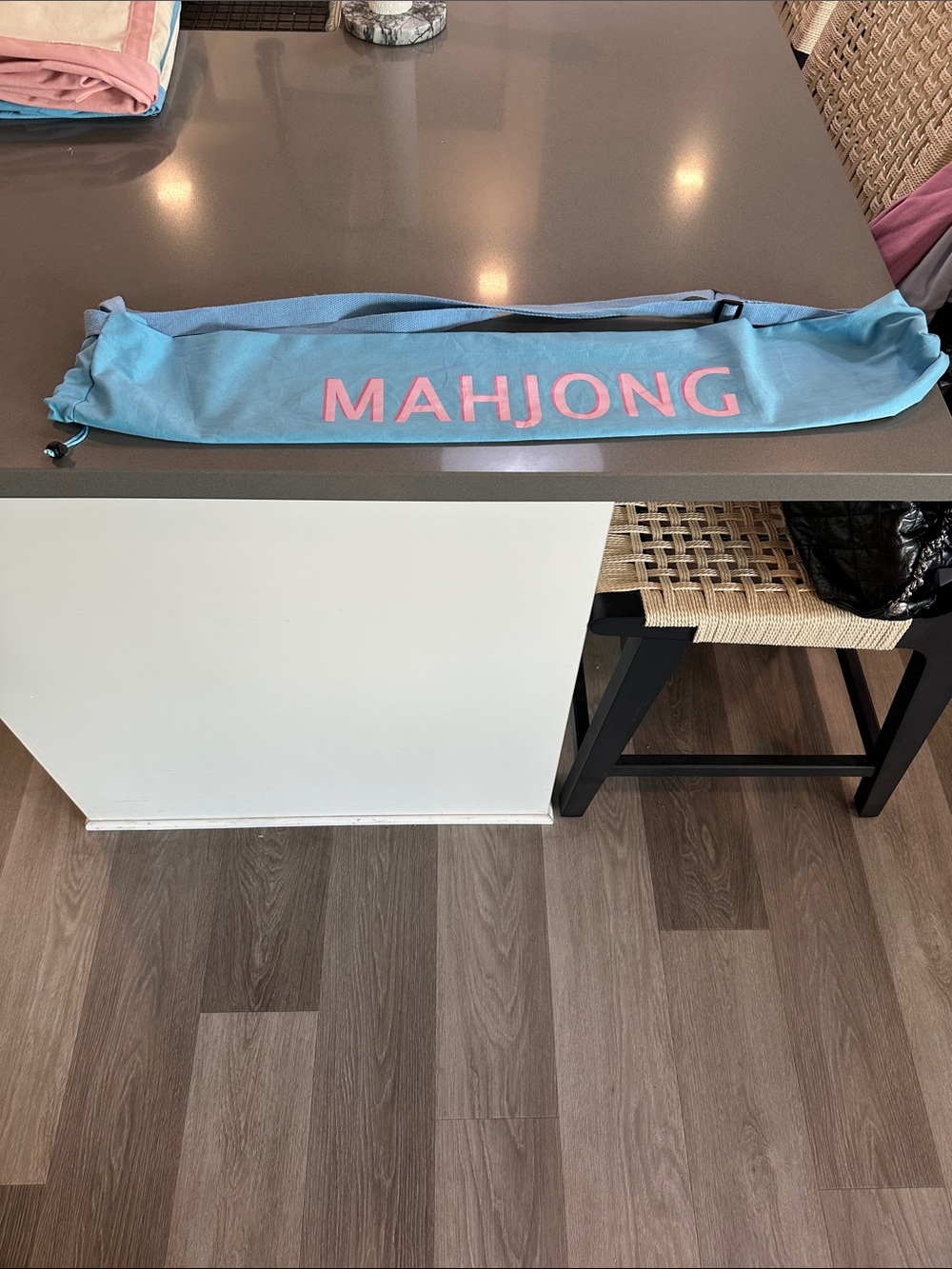 Mahjong Drawstring Game Bag in Light Blue with Pink Lettering